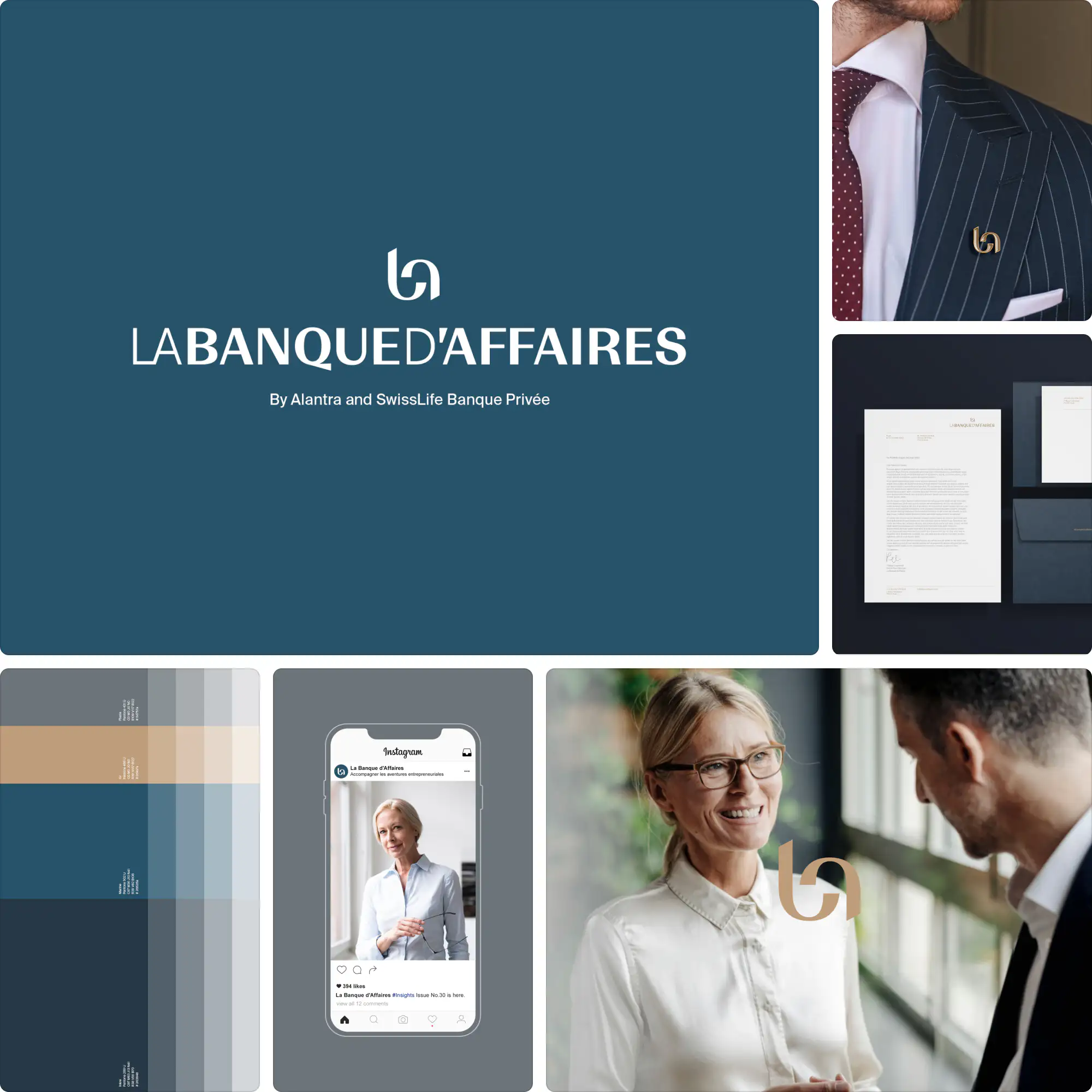 La Banque d’Affaires branding by Graphéine showcasing elegant serif typography, minimalist color system, and premium financial identity design.